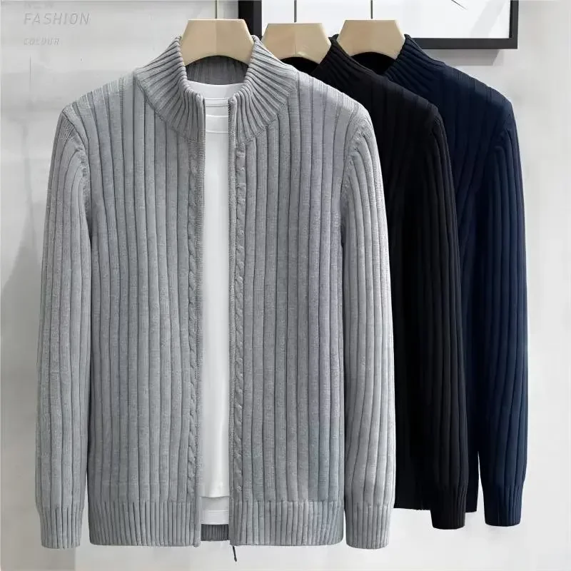 

2024 Autumn New Men's Stand Collar Twist Cardigan Sweater Zipper Fly Outer Wear Casual Sweater