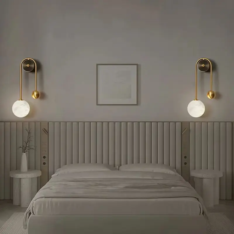 Scandinavian Designer Sconce Light Modern Corridor Copper Gold Wall Light Nordic Marble Living Room