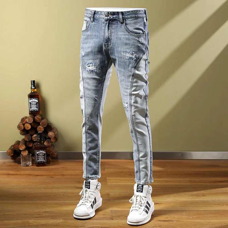 

2024 Spring and Autumn Fashion Ripped Straight Stretch Jeans Men's Casual Slim Comfortable High Quality Small Feet Pants 28-36