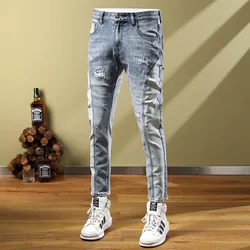 2024 Spring and Autumn Fashion Ripped Straight Stretch Jeans Men's Casual Slim Comfortable High Quality Small Feet Pants 28-36