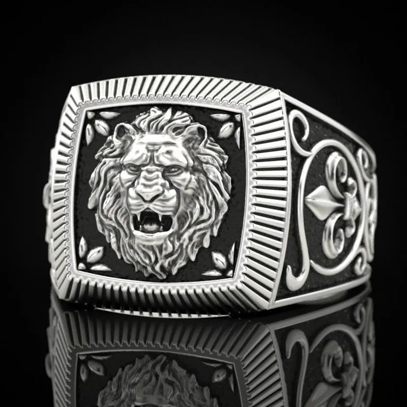 Men\'s Vintage Leo Ring Luxury White Gold Plated Carving Lion Finger Rings Fashion Square Shape Punk Jewelry Anniversary Gift