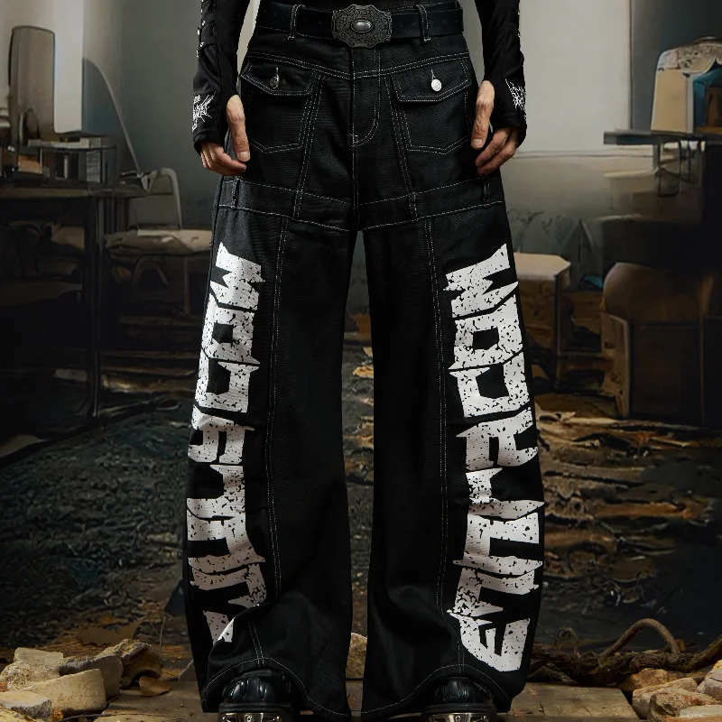 MWJLPWQ Men's Coated Large Letter Print Jeans Hiphop Contrast Stitching Deconstructed Patchwork Loose Scythe Pants Street 17506