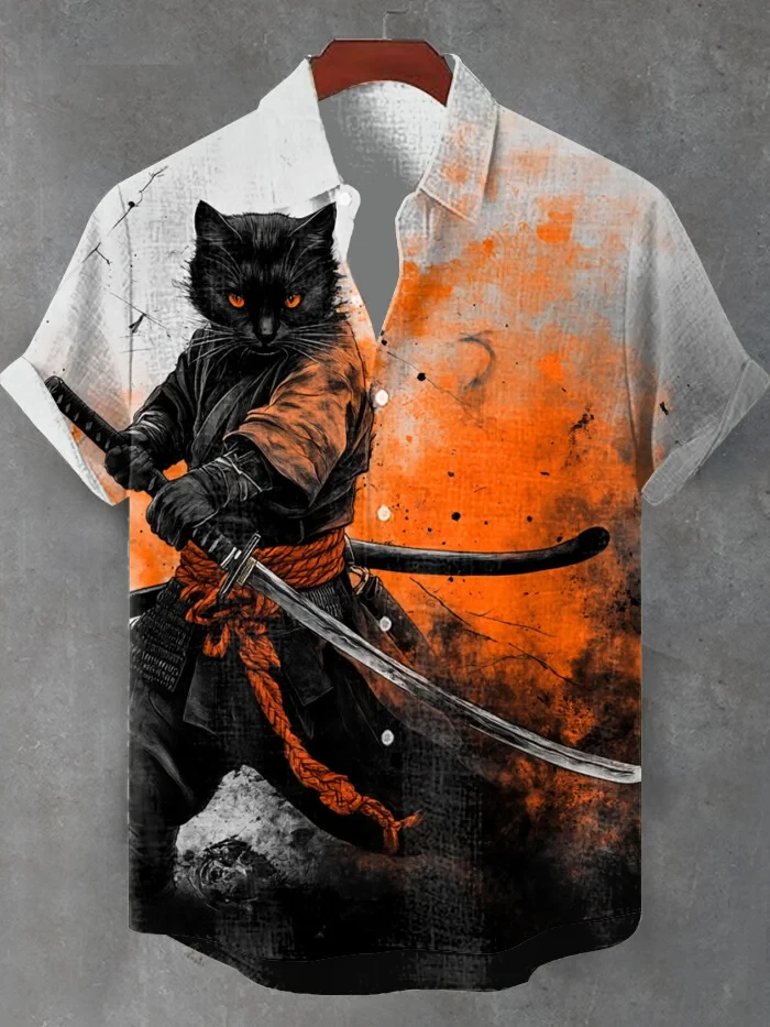 Kitten Warrior Print Men's Hawaiian Shirt Polyester Fabric, Summer Casual Vacation and Outdoor Wear Men's Button Lapel Shirt