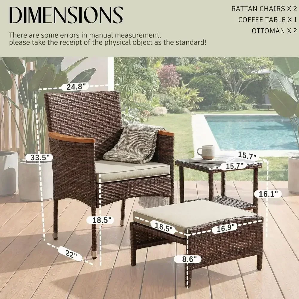 5-Piece Outdoor Patio Furniture Set: 2 Chairs, 2 Ottomans, 1 Table - Brown Wicker with Khaki Cushions