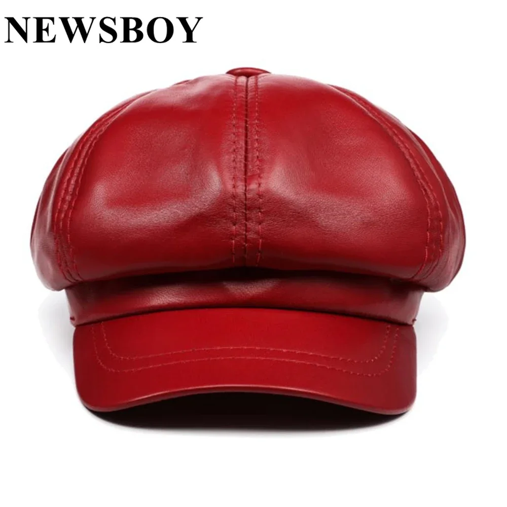 

NEWSBOY Cap Autumn Winter Red Women Genuine Leather Hat New Baker Boy Cap High Quality Warm Ladies Octagonal Cap Sheepskin Black