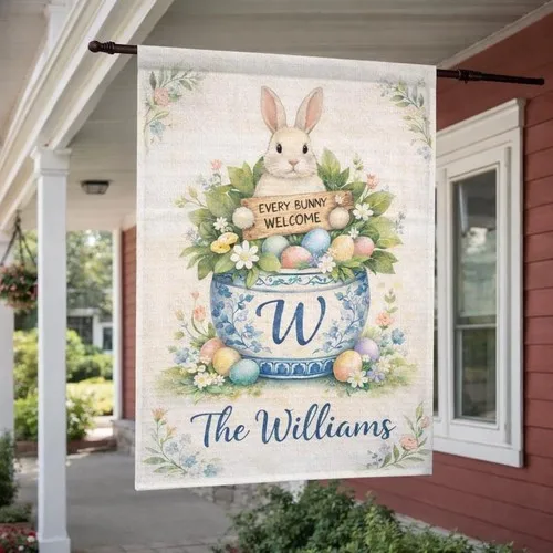 Personalized Chinoiserie Garden Flag, Custom Family Name Easter Flag, Blue White PPZ
