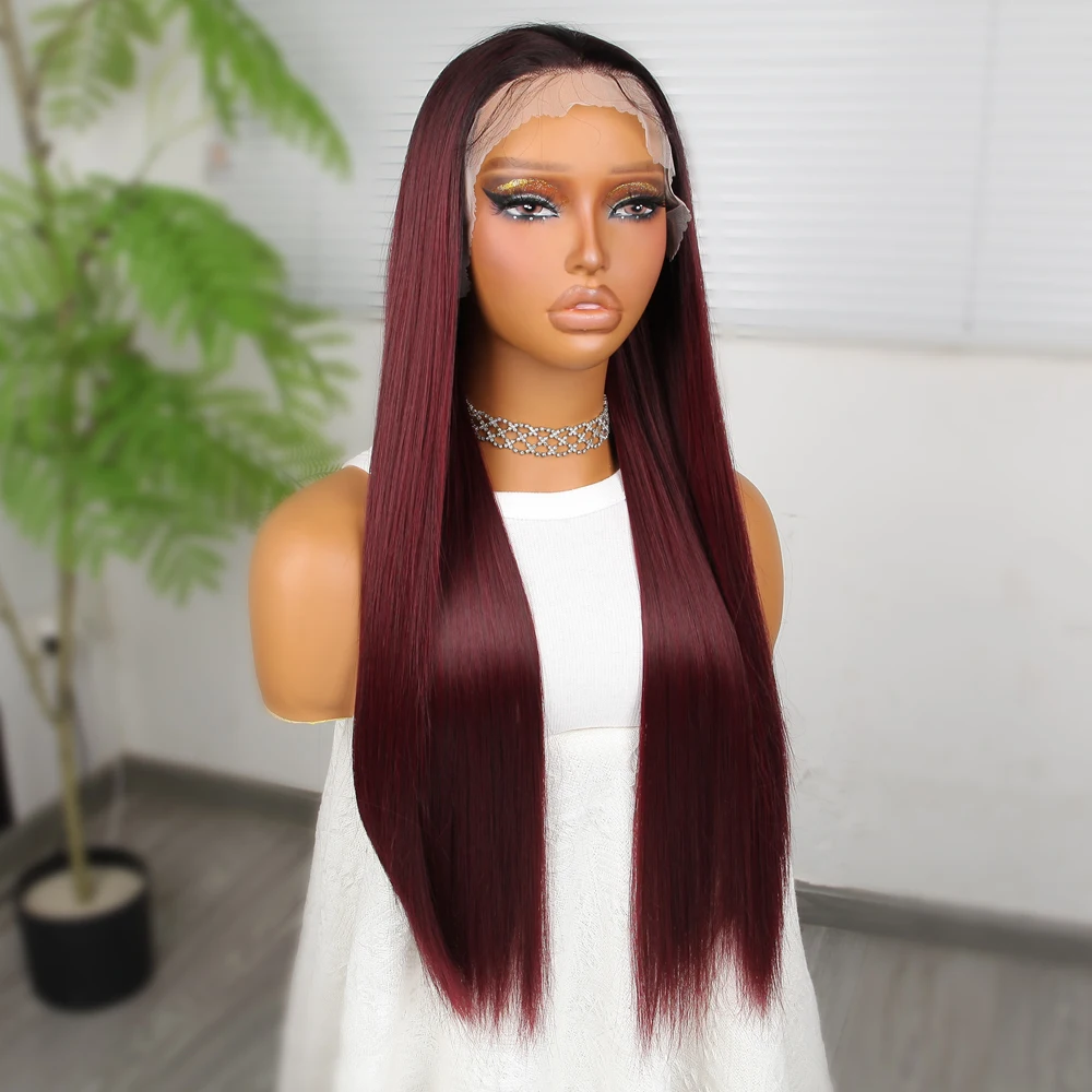 13*4 Lace Front 26inch Synthetic Lace Wigs Straight hair Wig Wine Red Women Stylish Silky Good Texture Fashion Heat Resistant