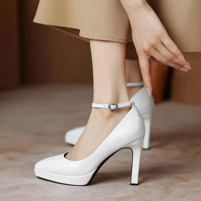 2023 Spring and Autumn Season New Fashion Pointed Shallow Mouth One Line Buckle Solid Color Women's Mary Jane Single Shoes