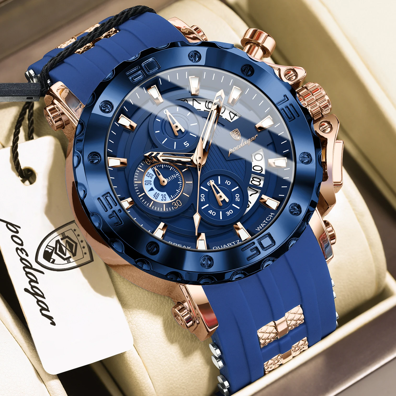 POEDAGAR Original Luxury Man Watch Chronograph Waterproof Luminous Sports Men Clock Calendar Silicone Strap Quartz Men's Watches