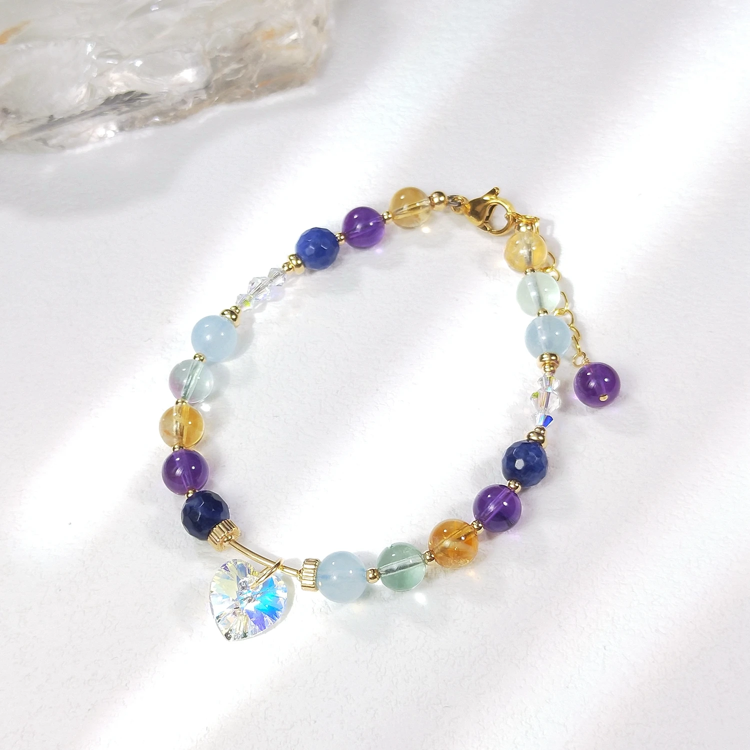 

Lii Ji Natural Stone Amethyst Citrine Aquamarine Fluorite Sodalite 6mm With Crystal American 14K Gold Filled Charm Bracelet