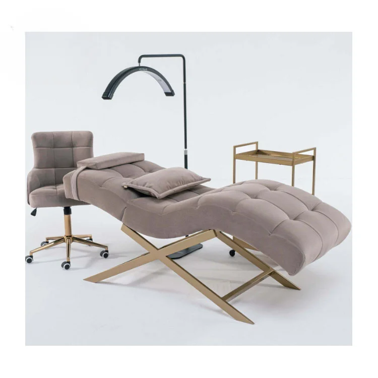 2024 New Arrival Modern Massage Table Spa Brown Velvet Beauty Salon Eyelash Bed Luxury Curved Lash Bed