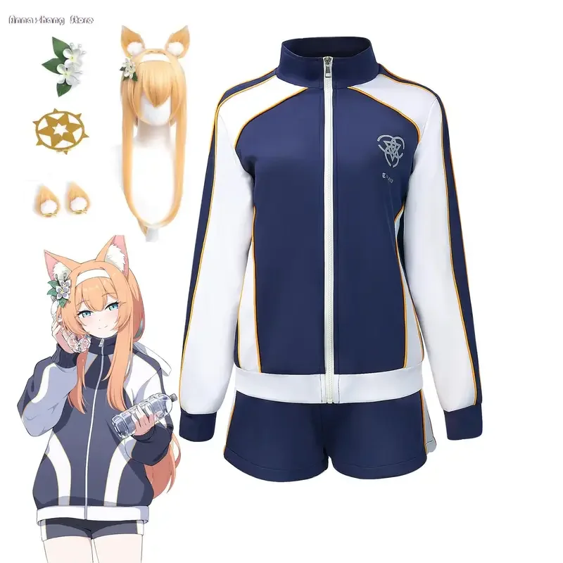 Game Blue Archive Iochi Mari Cosplay Costume Halloween Role Play Women Girls School Gym Uniform Full Suit Blue Coat Shirt Shorts