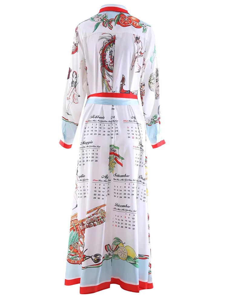 AELESEEN Designer Fashion Spring Autumn Shirt Dress Long Sleeve Single-Breast Belt Calendar Vegetables Print Maxi Robe Party