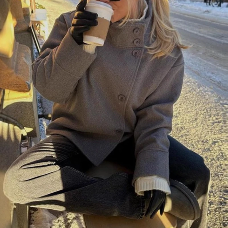 الوقوف طوق المرأة الشتاء المعاطف الصوفية 2025 الربيع واحدة الصدر فضفاضة الإناث طويلة الأكمام سترة مكتب سيدة الشارع معطف قصير