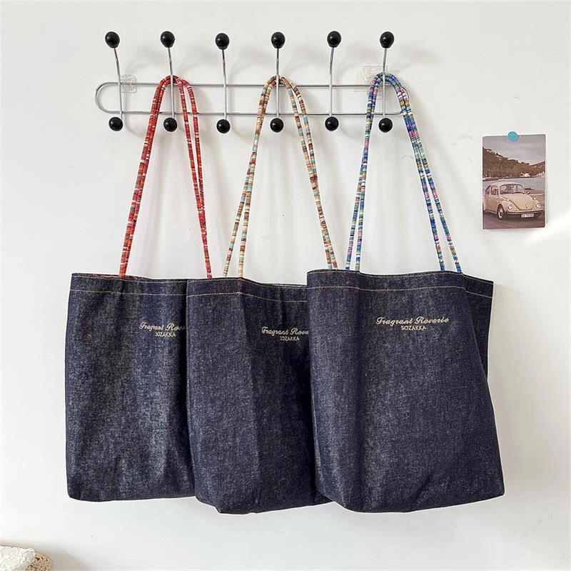 

Vintage Double-sided Denim Canvas Shoulder Bag High Capacity Handbag Travel Portable Storage Bag Girl All-match Fashion Bag Gift