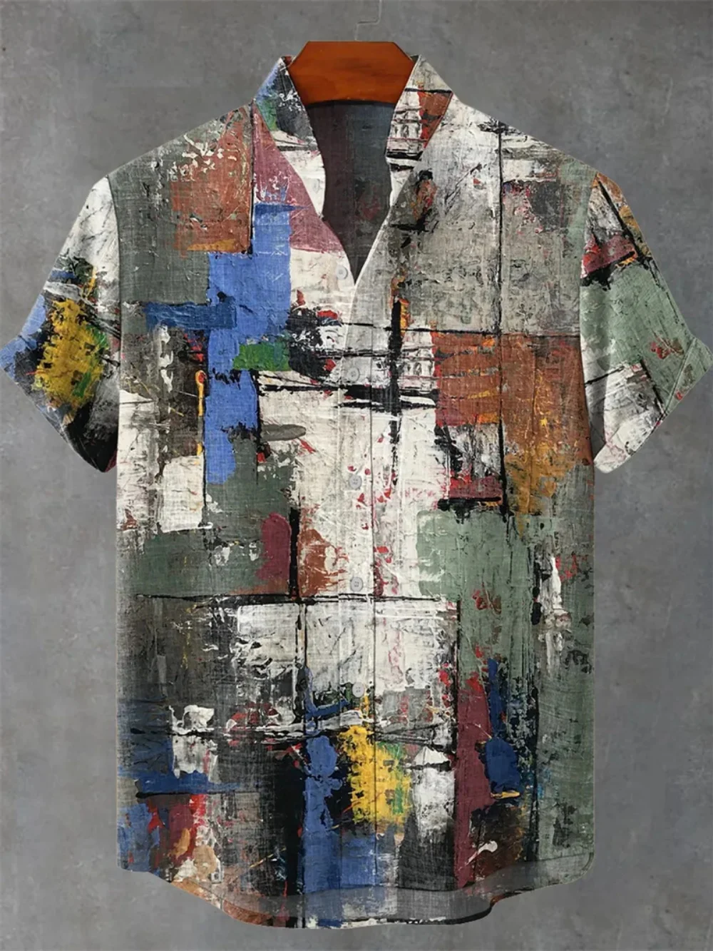 

Men's plus Size Short Sleeve Stand up Collar Linen Shirt 3D Graffiti Print Button up Casual Street Fashion Breathable Shirt