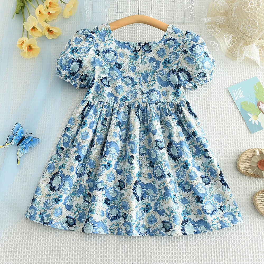 Kid\'s Dress For 2-6 Years Girls Blue Floral Short Sleeve Princess Dress Summer Fashion Kids Casual Dresses