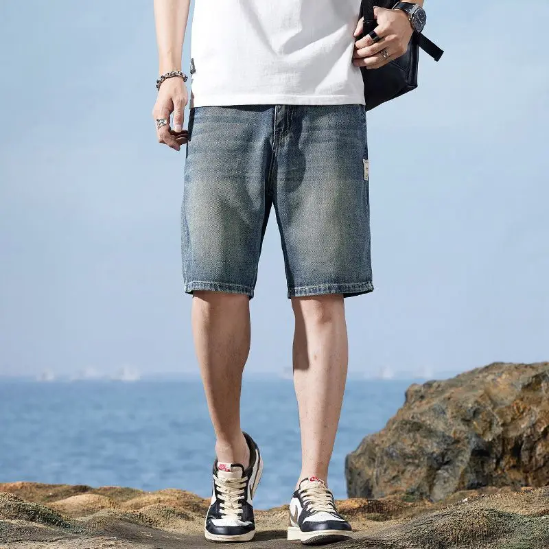 Летние винтажные джинсовые шорты, модные прямые повседневные свободные уличные джинсы-бермуды, мужские короткие брюки, уличная мужская одежда