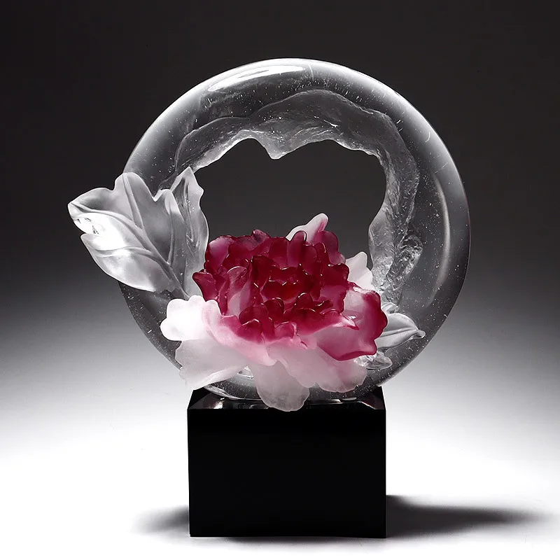 Glazed peony art ornament, office desktop crystal handicraft decoration