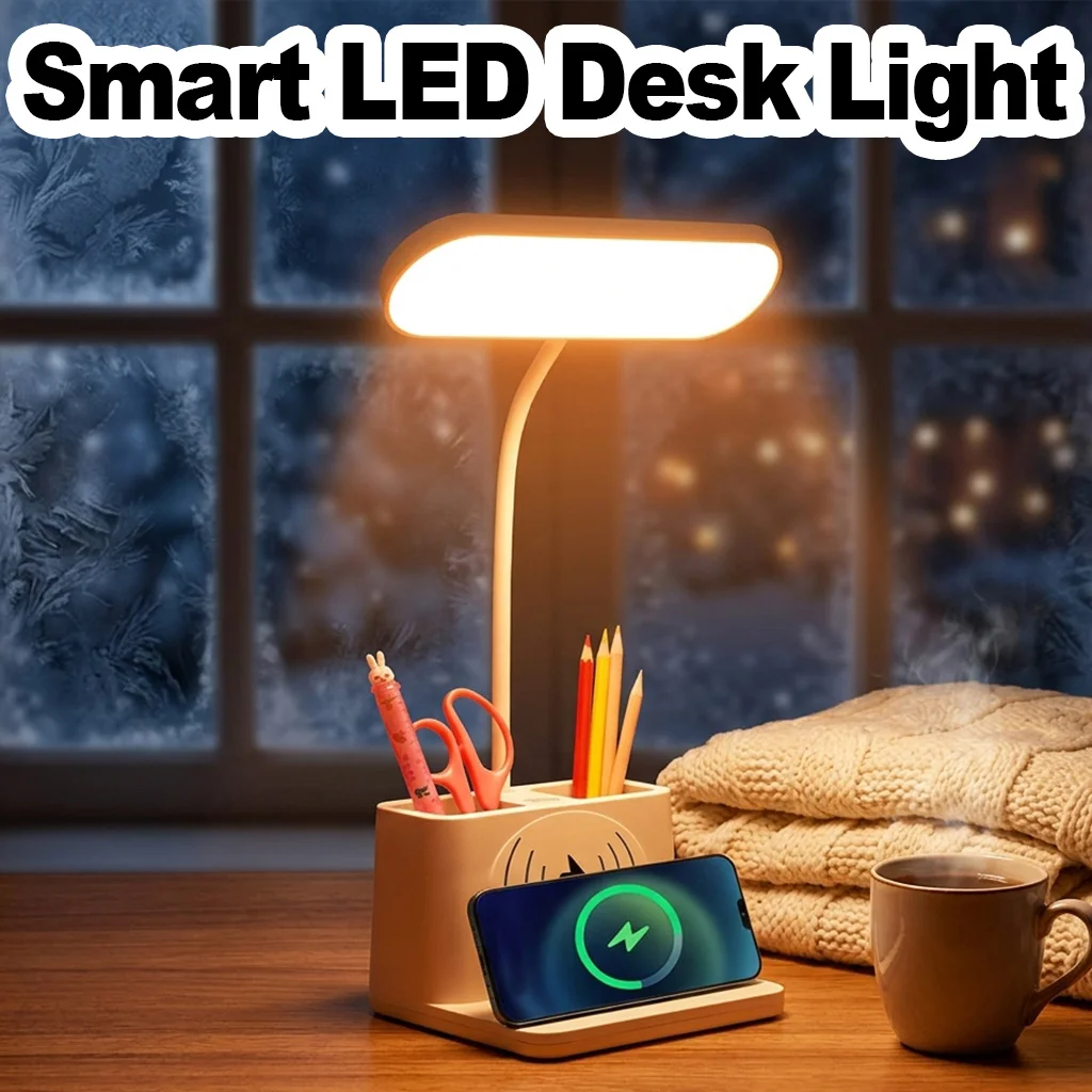 Dual Pen-Holder LED Desk Lamp With Wireless Charger Table Light 3-Color Touch Dimming Flexible Neck Study Lamp for Bedroom