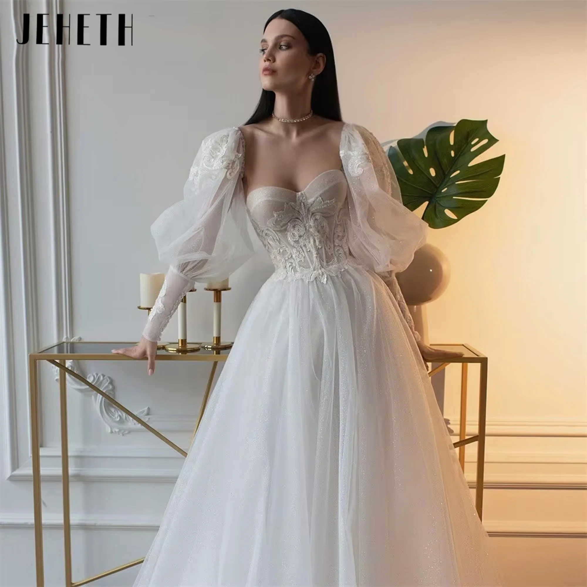 

Sexy Sweetheart Neck A-Line Wedding Dress Long Puff Sleeves Bride Robe Backless Bridal Gown Applique Vestido De Noiva Customized