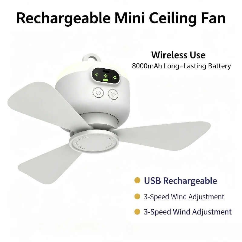USB Rechargeable Ceiling Mount Fan Light Remote 360 Air Circulator Quiet Motor with Hook for RV Tent Dorm Travel Picnic