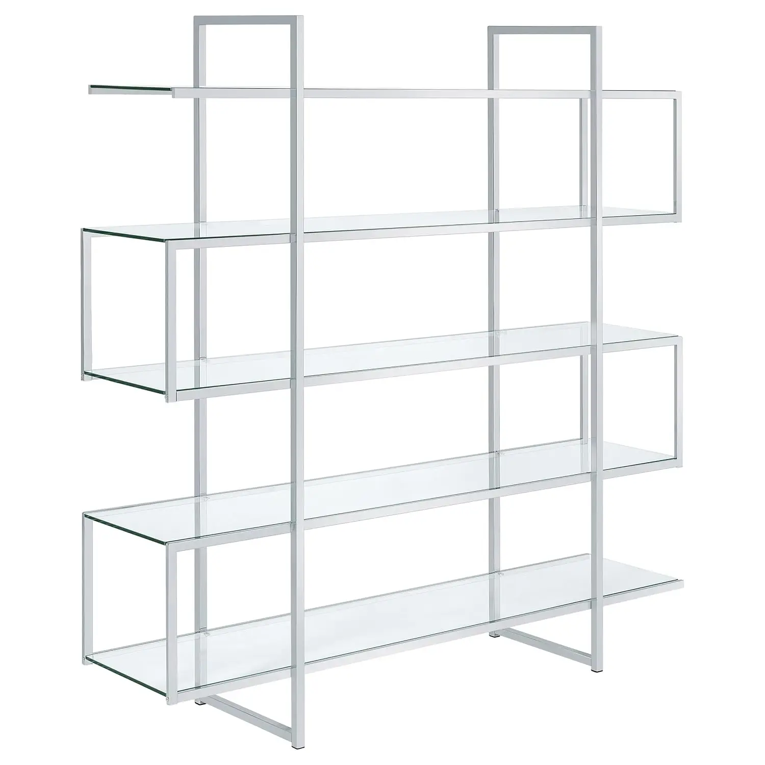 Metal & Glass 5-Shelf Bookshelf Staggered Open Design Contemporary Living Room Office 63 Inch Clear Chrome, Customized