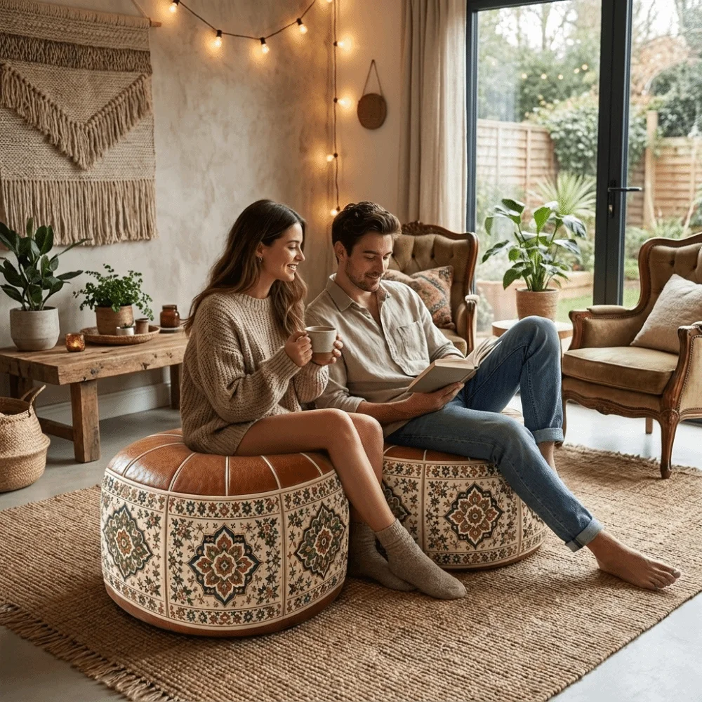 Foot Rest PU Leather Sofa Stool Cover Boho Style Fillable Storage Leg Bench Foldable Round Leather Pouf Living Room