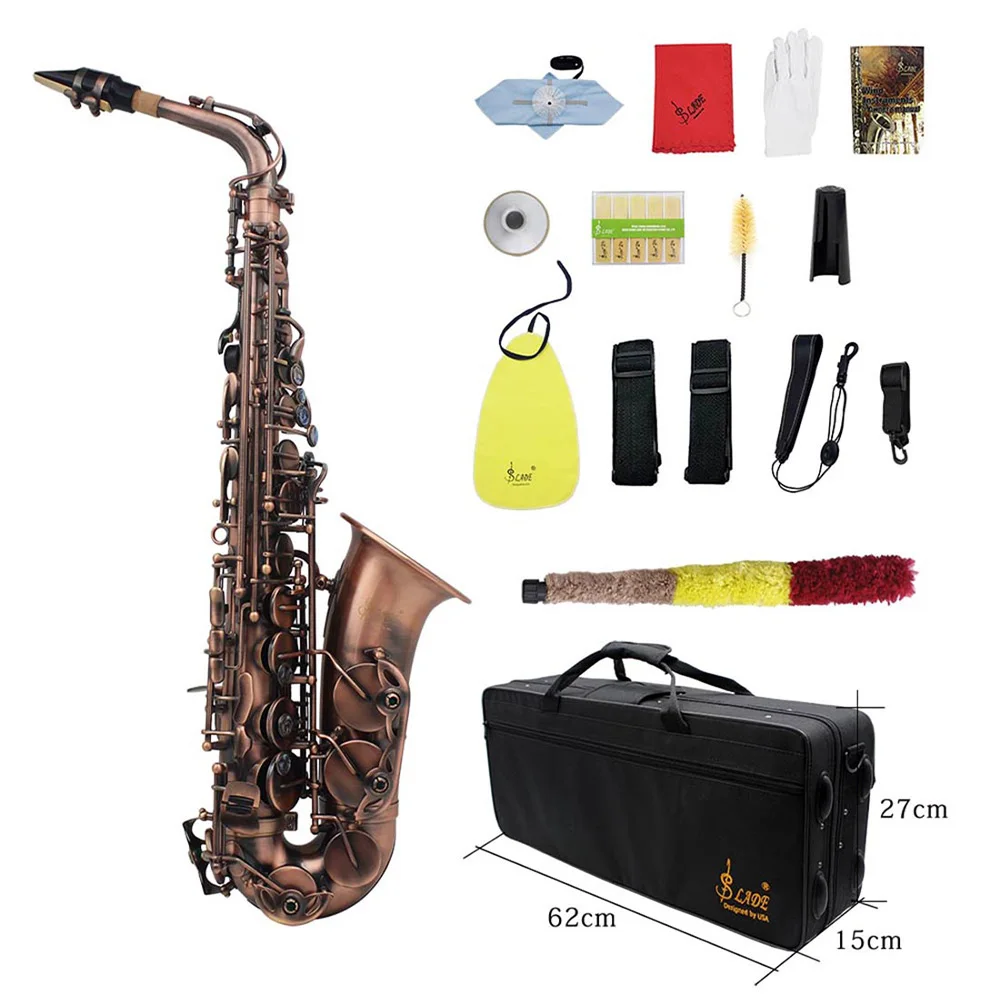 Professional Red Bronze Bend Eb E-flat Alto Saxophone Sax Abalone Shell Key Carve Pattern Case Gloves Cleaning Cloth Straps Brus