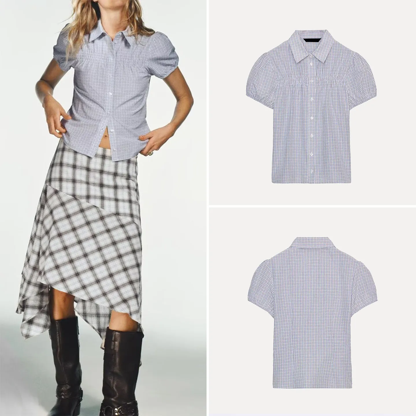 

Женская модная эластичная шелковая блузка с индивидуальным дизайном, универсальная, с коротким рукавом-фонариком и пуговицами