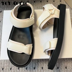 5.10 TOPACHIC Summer Beach Hook & Loop Sandals Genuine Leather Soft Sports Comfortable Thick Flat Sole Women's Sandals