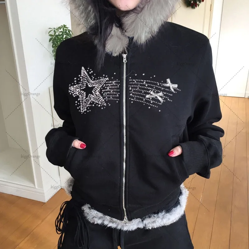 Gothic Punk Retro Fur Collar Zipper Hoodie Y2K Harajuku Vintage Trendy Brand Streetwear Sweatshirt Winter Clothing Women Jacket