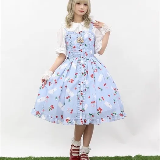 Robe japonaise élégante rétro polyvalente Lolita, sans manches, taille haute, à lacets, imprimé nœud, simple boutonnage, robe mi-longue JSK pour femmes