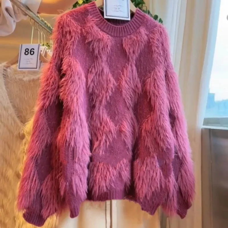 Fur Purple Fluffy Top Autumn Winter 2023 Loose Knitted Sweaters Women Long Sleeve Spring Tops Elegant Jumpers Knit Pullovers