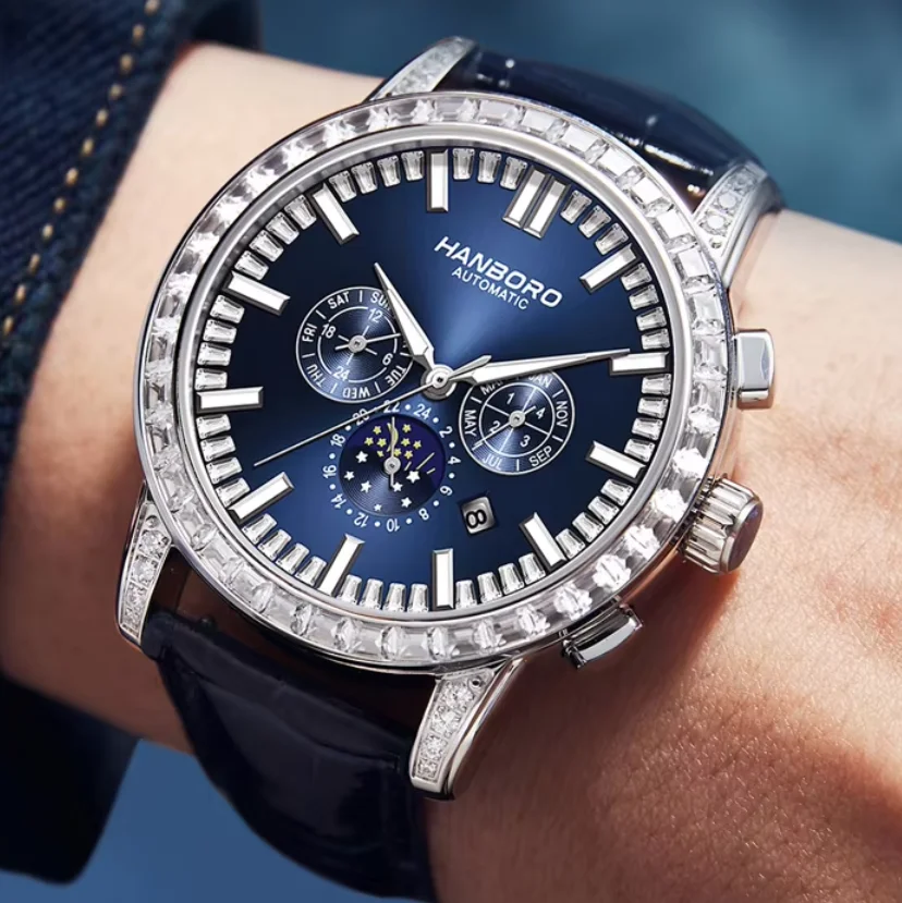 HANBORO Men Automatic Watch 43.5mm Mechanical Wristwatch Waterproof Sapphire Mirror Luminous Crystal Be Month Week Date 24 Hours