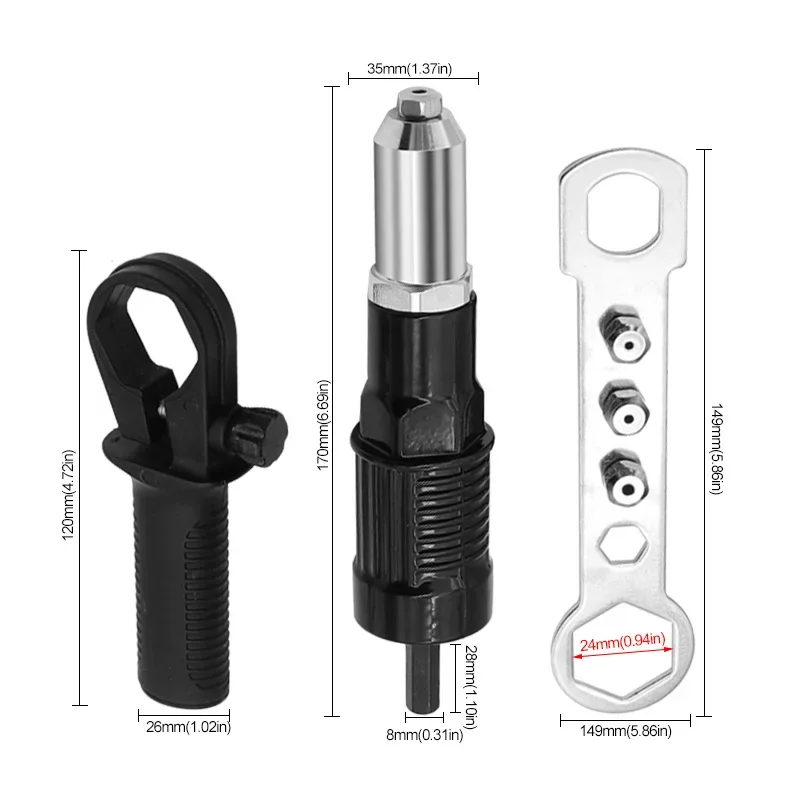 Electric Riveting Gun Adapter 2.4mm-4.8mm Rivet Nut Gun Drill Bit Nozzle Cordless Conversion Connector Power Tools