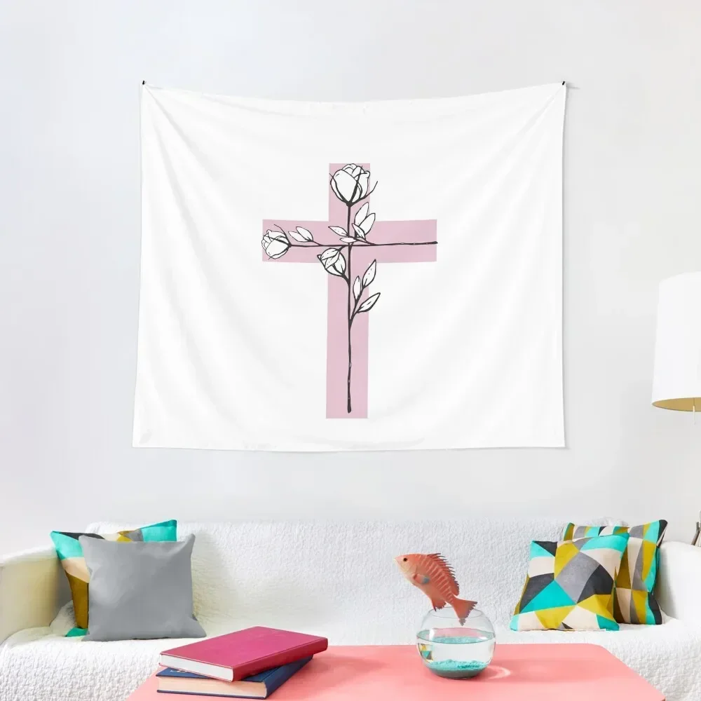 

Pink Christian Cross Floral Tapestry Aesthetic Room Decors Wall Hanging Wall Room Decore Aesthetic Tapestry