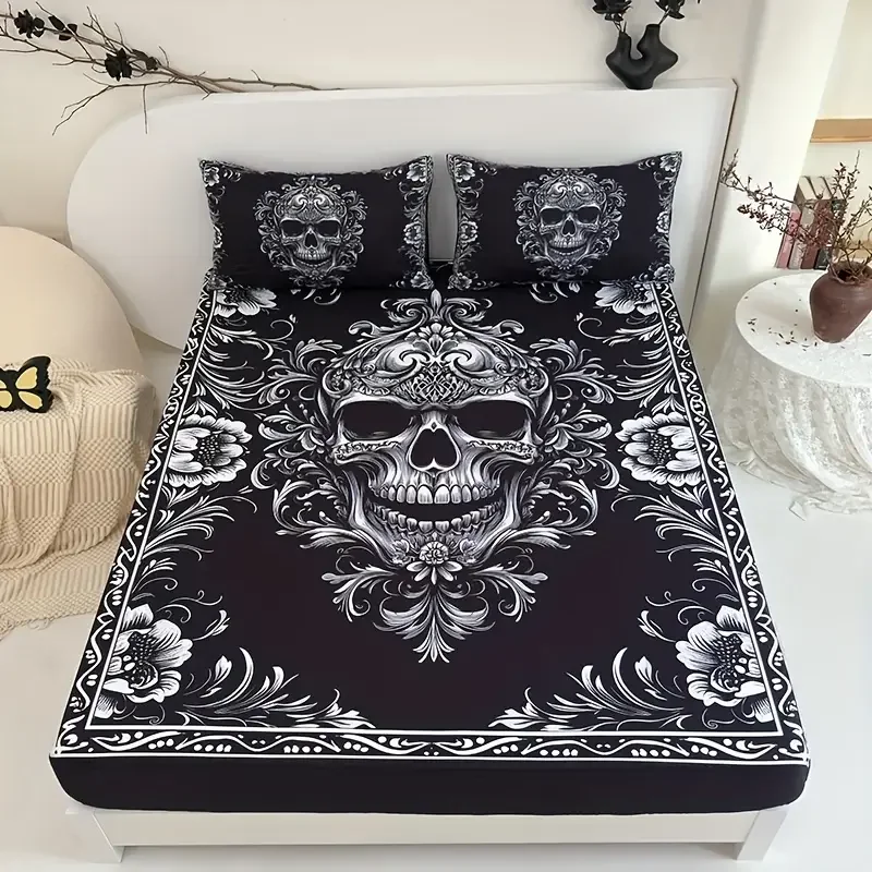 

3pcs Black White Gothic Skull Fitted Sheet Set 3D Printed Mattress Covers Soft Breathable With 2 Pillowcases for Adults Bedroom