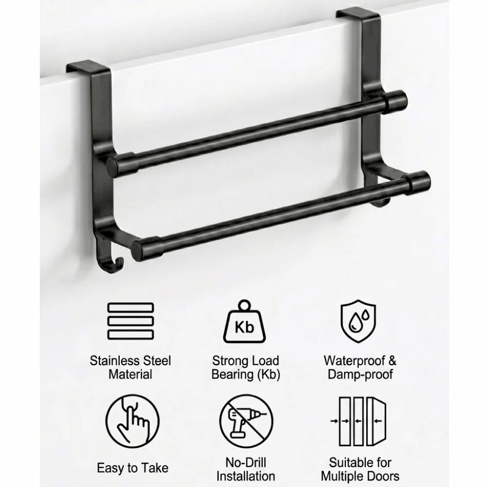 Space-Saving Double Rod Towel Rack Heavy Duty Metal Door Rear Hook Storage Rack with Hooks Punch-Free Bath Towel Organizer