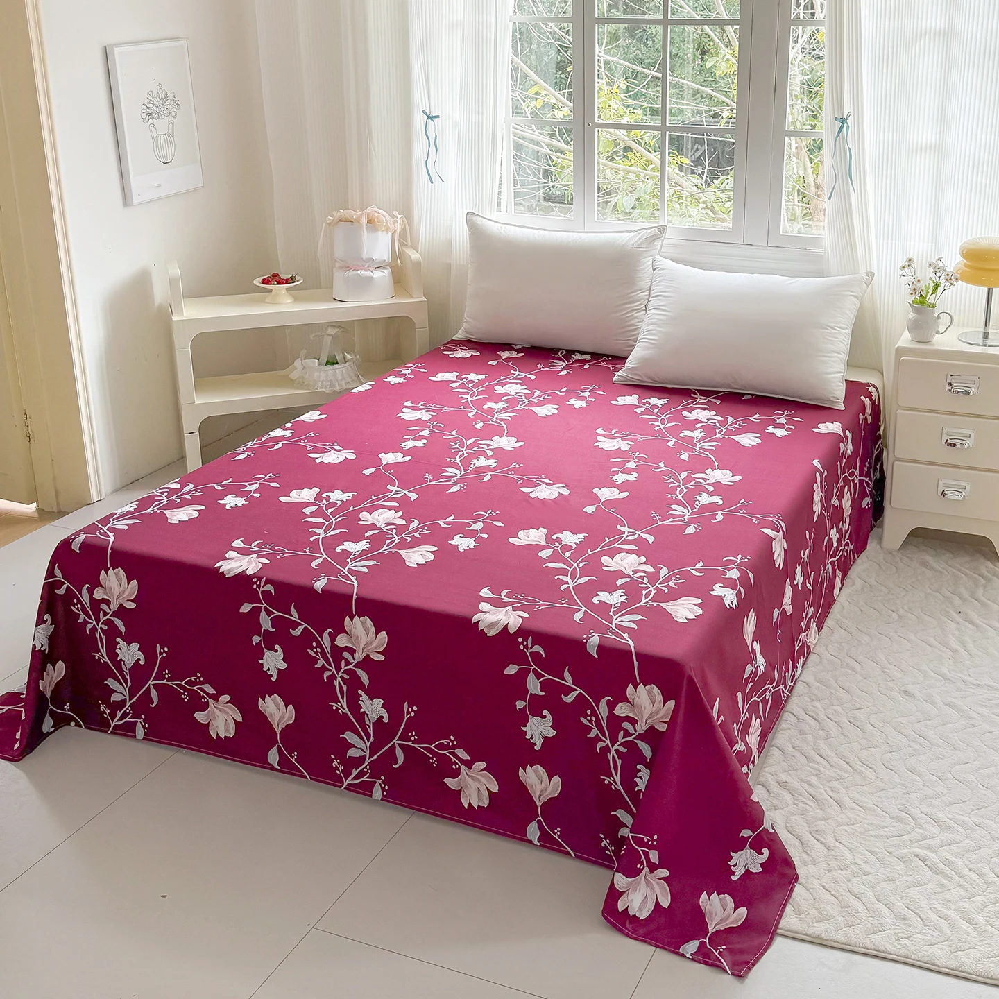 1pc Flower Printed Flat Sheet Brushed Top Sheets Single/Queen/King Bedsheet for Double Beds Floral Bed Sheet (No Pillowcase)
