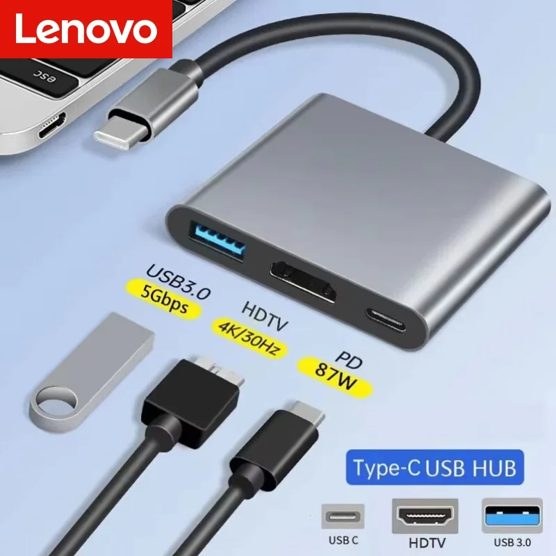 

USB-хаб Lenovo 8/7/5/4/3-в-1 с поддержкой USB-C, мощностью 100 Вт, USB 3.0, 4K HDMI, совместимый с MacBook, Surface, Chrome, Steam Deck, стабильный адаптер-хаб