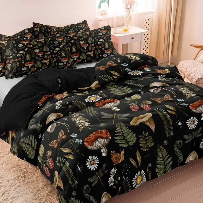 Three-Piece Set (1 Duvet Cover, 2 Pillowcases, Without Insert), Floral Mushroom Pattern Bedding Set, Available in Various Sizes