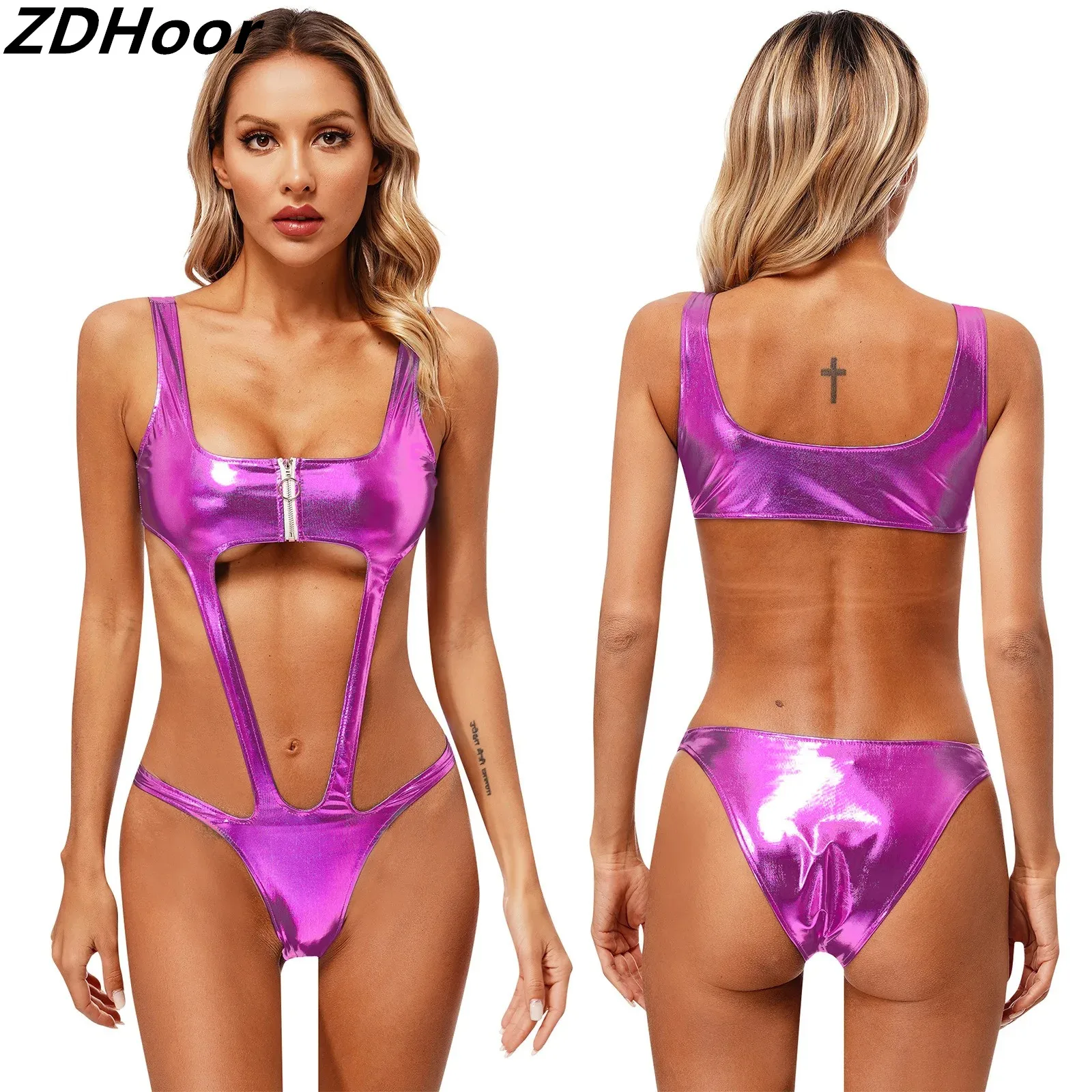 Womens Metallic Shiny One Piece Swimsuit Sleeveless Front Zip Pad-Free Briefs Cutout Bodysuit Jumpsuit for Beach Nightclub