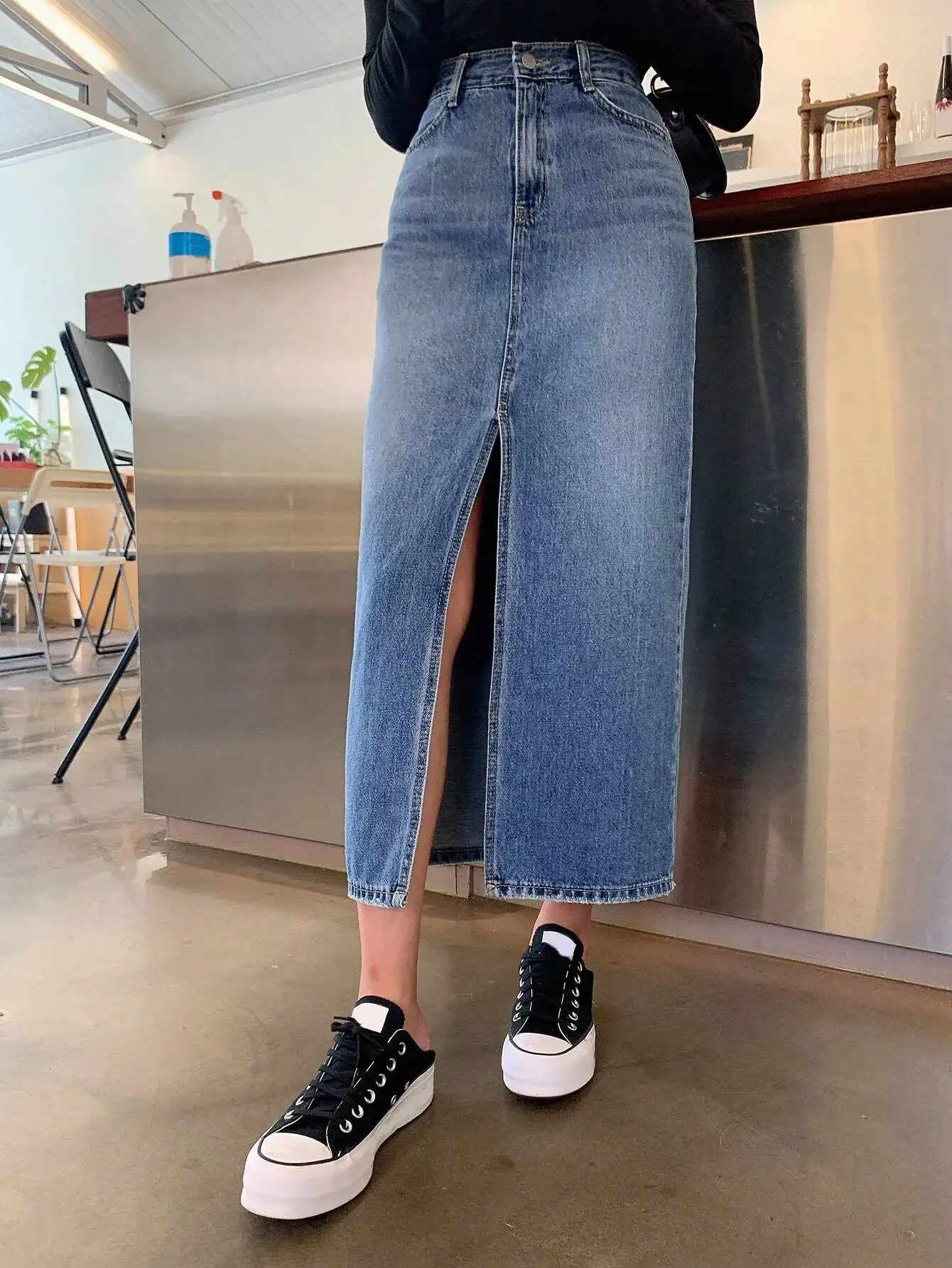 

High Waist Denim Midi Skirt with Front Slit and Raw Hem