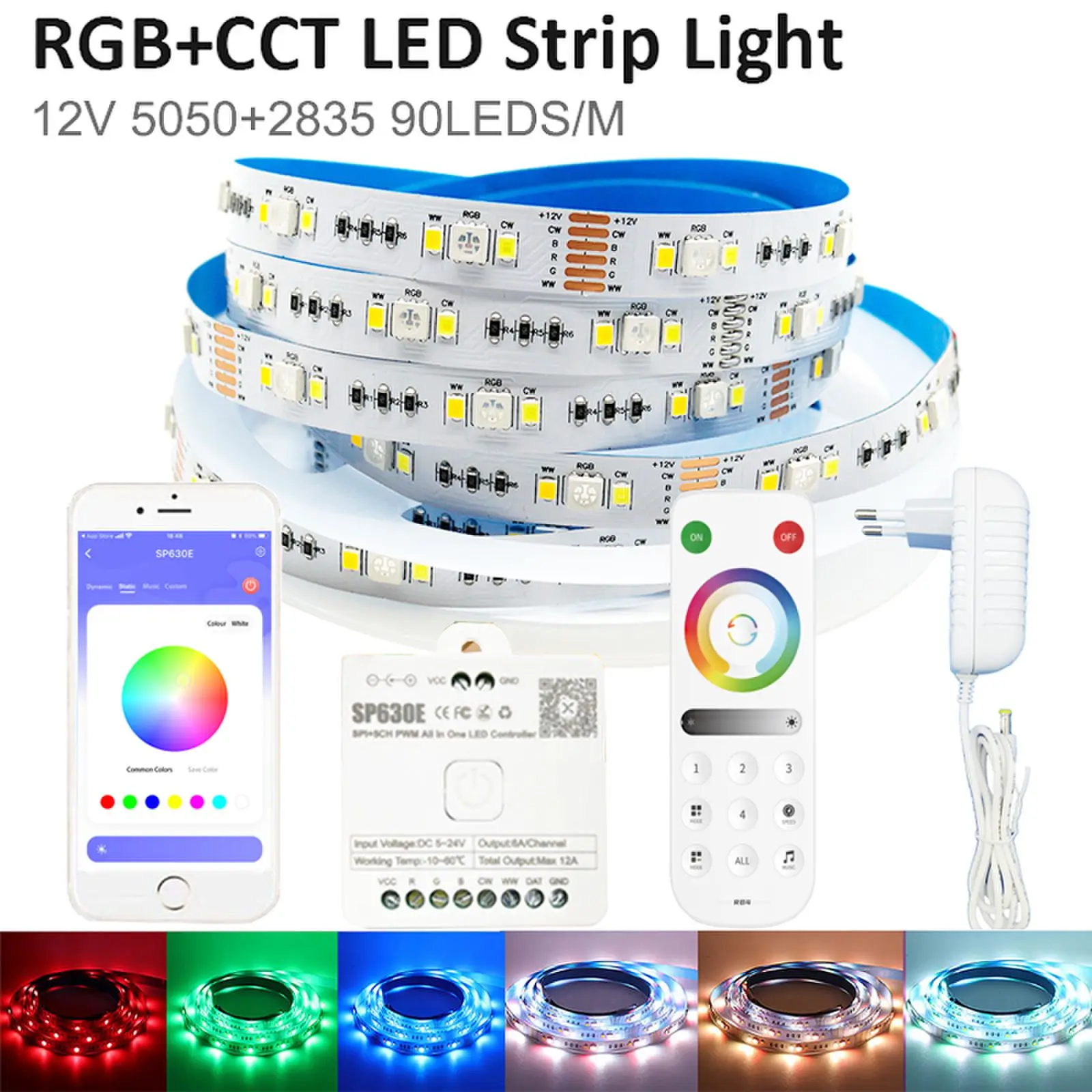 bluetooth led light strip controller kit luz noturna impermeavel controle remoto pwm spi rgbcct 5050 2835 24g 5m 10m sp630e 01