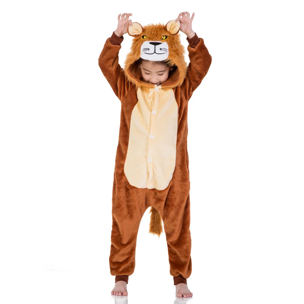 Kigurumi Girls Boys Cartoon Sleepwear Kids Children Cute Lion Onesies Animal Flannel Pajamas For Christmas Halloween Party