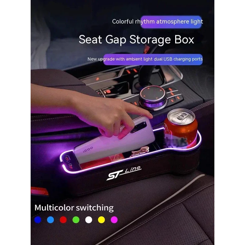 Car Seat Gap LED 7 Color Festoon Storage Box For Ford FOCUS Mondeo Fiesta Kuga ST Line Edge Ecosport Explorer Mustang Ranger