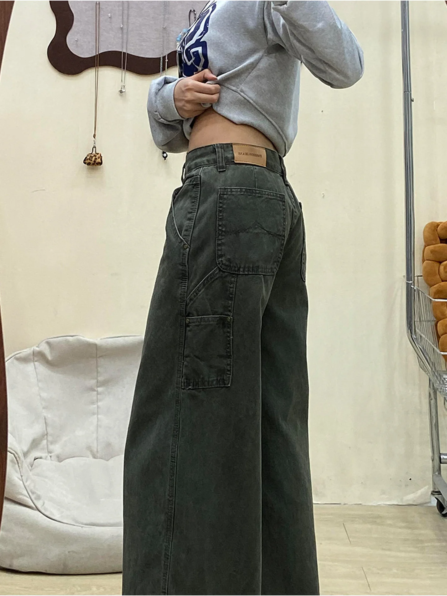 

American Style Thin Hanging Sensation Denim Jeans Women's Summer New High Waist Slim Straight Long Pants Military Green