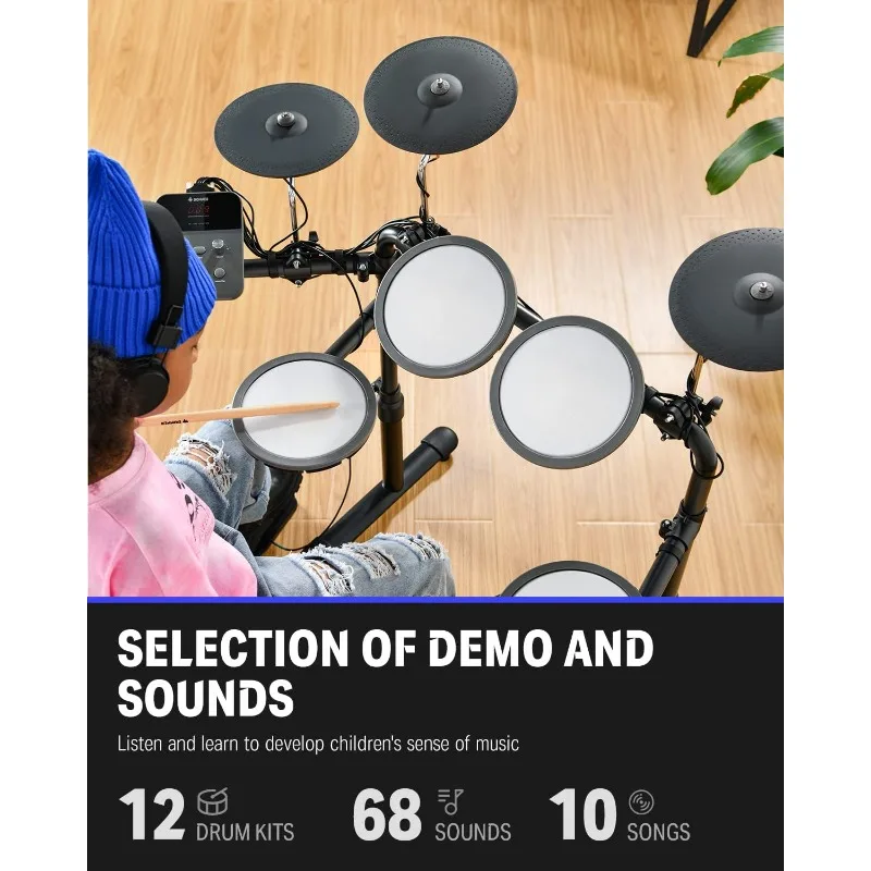 DED-70 Electric Drum Set with 4 Quiet Mesh Drum Pads Type-C Charging, 68+ Sounds, Throne, Headphones home.