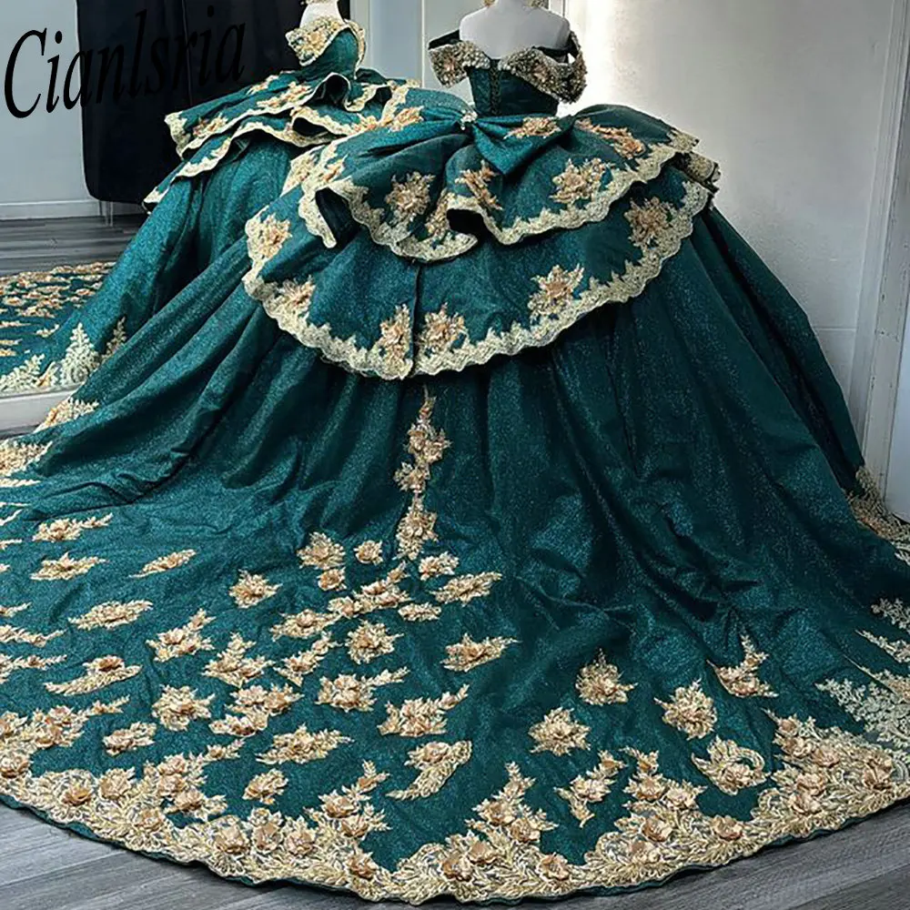 Smaragdgroen Uit De Schouder Ruches Quinceanera Jurken Baljurk 3D Bloemen Applicaties Kralen Corset Vestidos De XV Anos